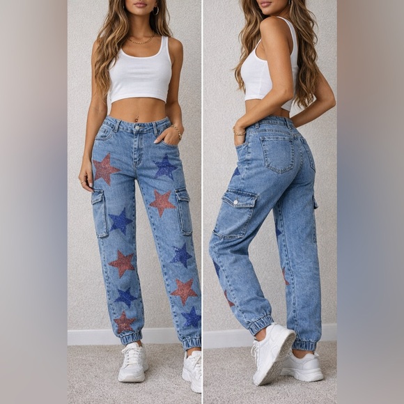 Y2K Star Rhinestone Cargo Jogger Jeans LIC Lizette Collection Size 13 - Picture 16 of 16